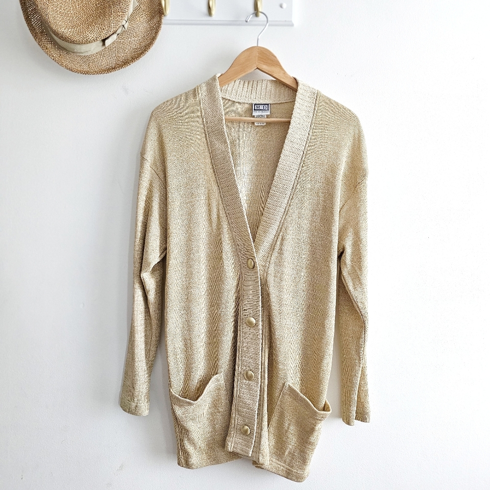 Vintage Matter of Degrees Gold Shimmer Gold-tone Buttons Cardigan Made in USA, L